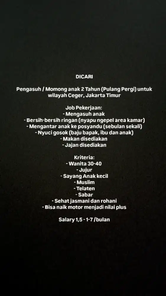 DICARI PENGASUH ANAK USIA 2 TAHUN