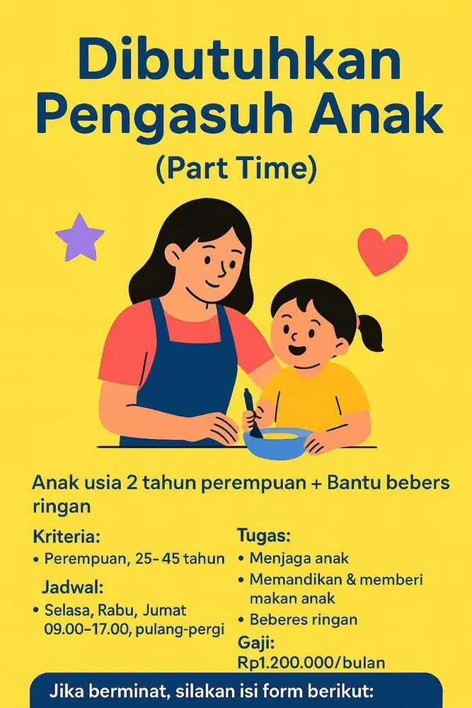 Pengasuh anak & Helper ( Part time ) Pulang Pergi