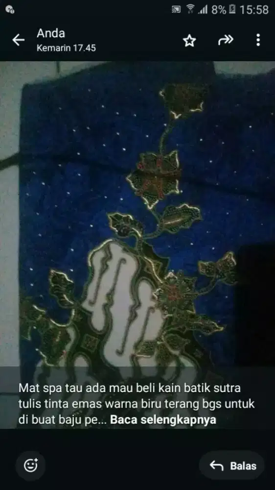 Kain batik sutra tulis tinta emas warna biru terang