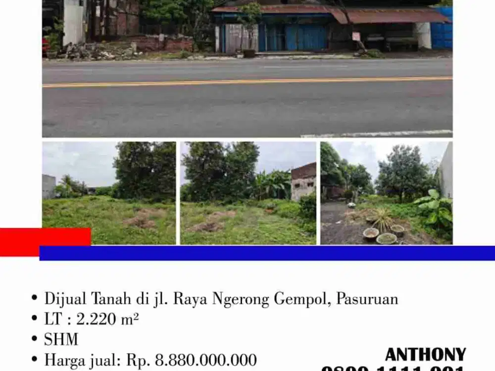 Dijual Tanah di jl. Raya Ngerong Gempol, Pasuruan