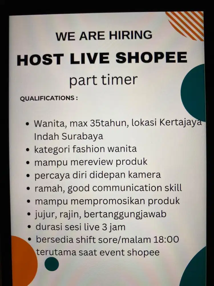 Part timer Host Live Shopee