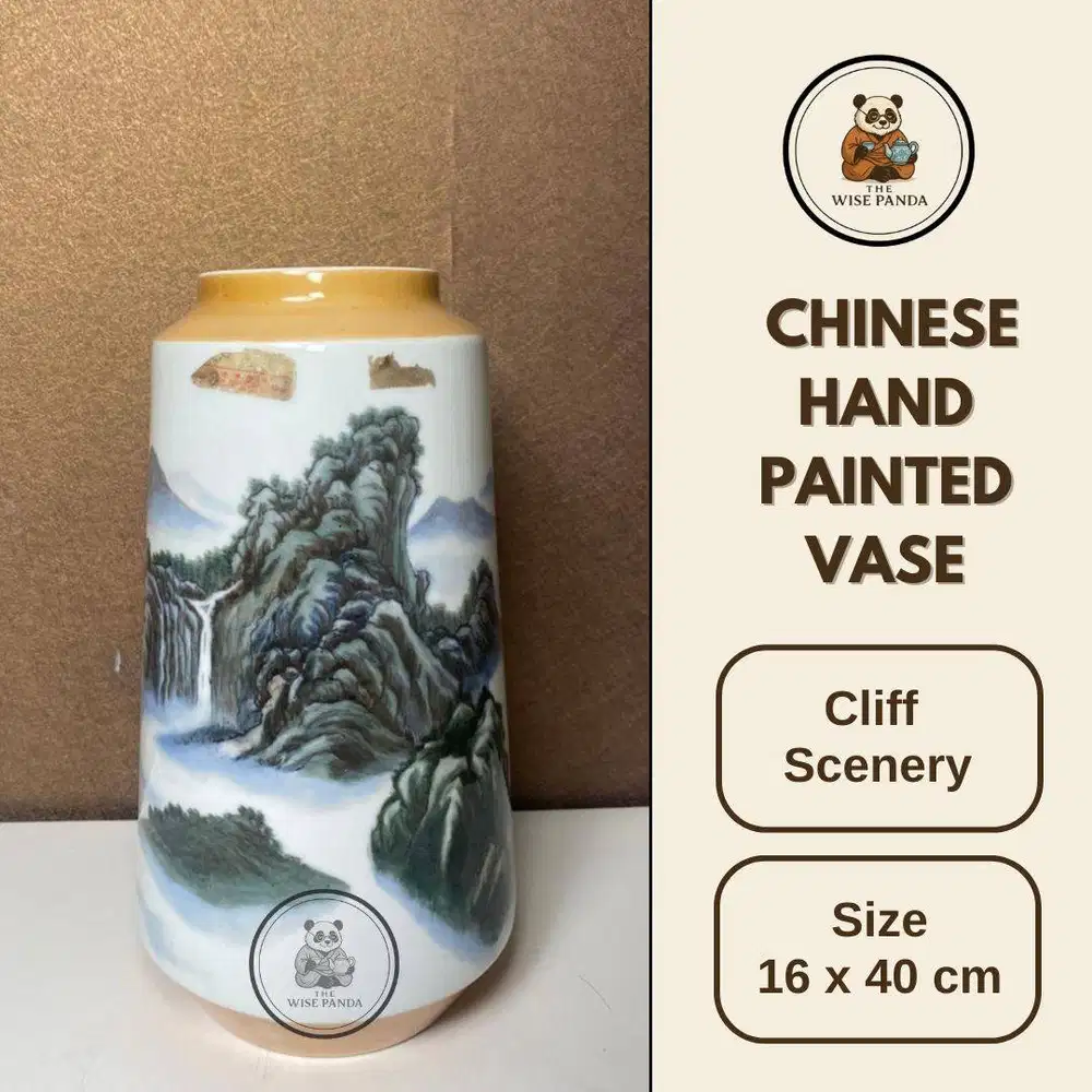 Vas Bunga Keramik Lukis China Motif Pegunungan dan Tebing