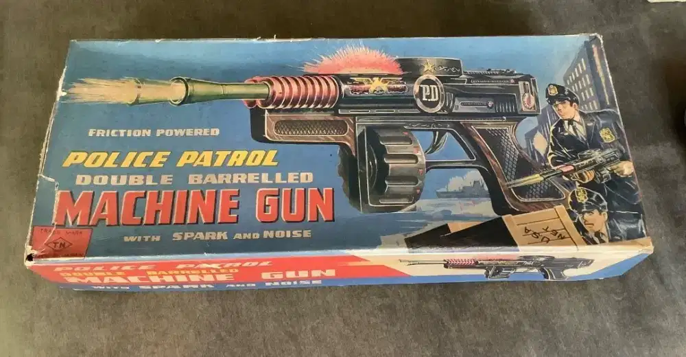 Vintage Japan friction powered POLICE PATROL machine gun space tin toy