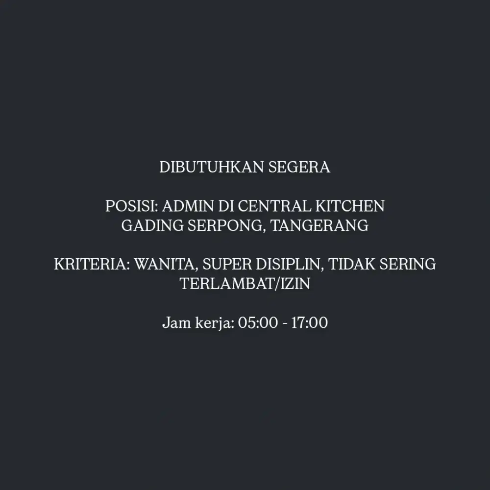 LOWONGAN KERJA UNTUK ADMIN (WANITA)