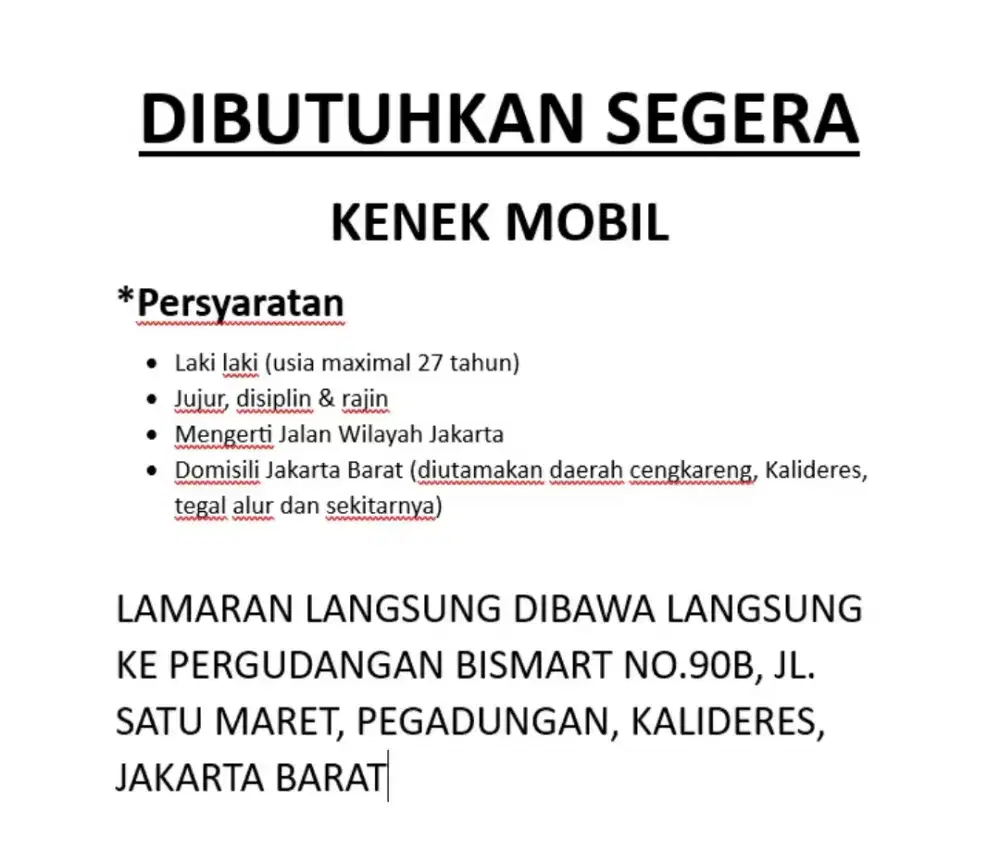 DIBUTUHKAN SEGERA KENEK MOBIL