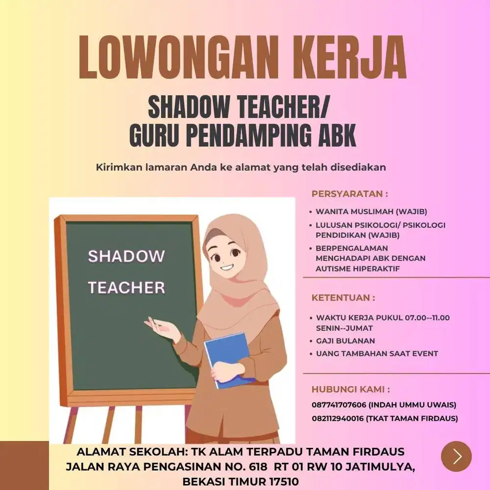 Lowongan Shadow Teacher/Guru Pendamping Anak Berkebutuhan Khusus (ABK)