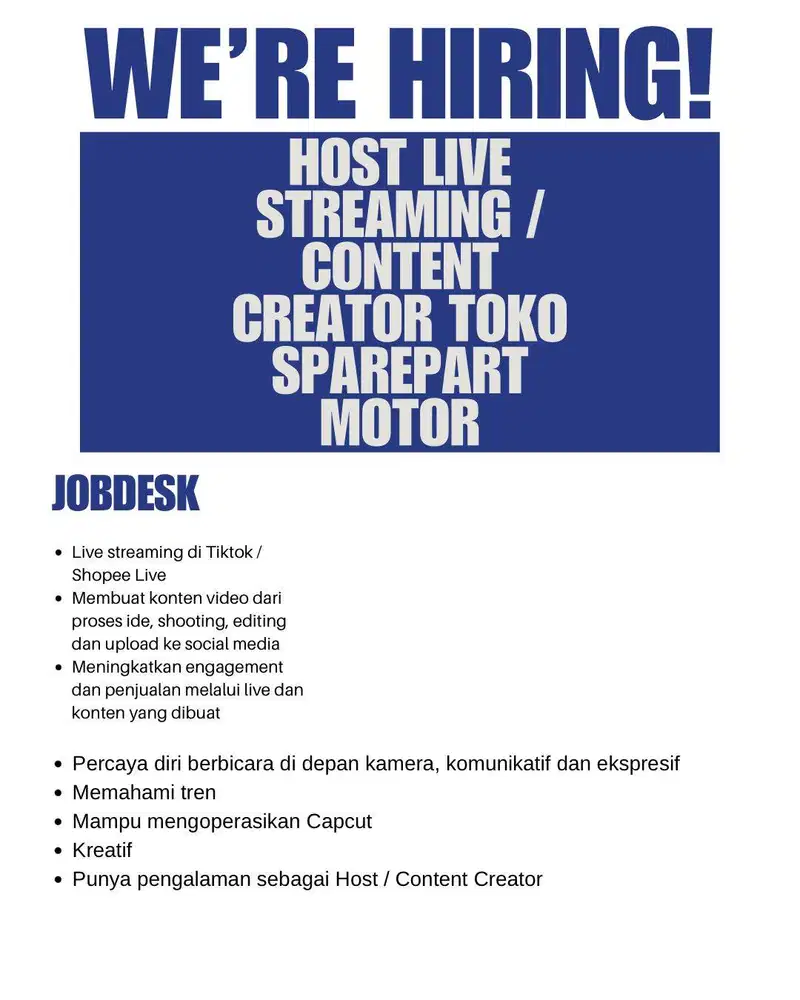 LOWONGAN HOST LIVE DAN CONTENT CREATOR TOKO SPAREPART MOTOR