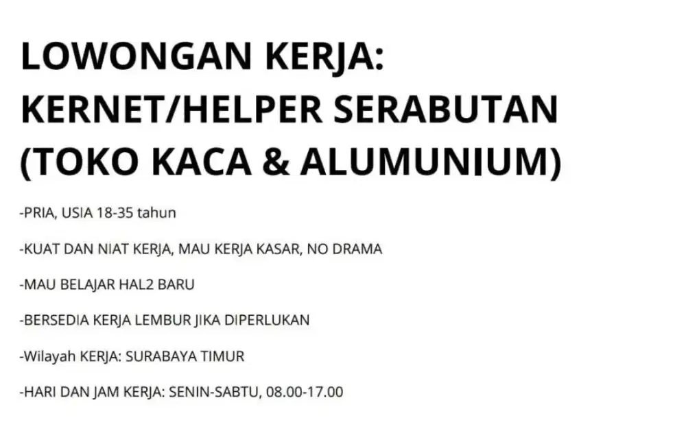 LOWONGAN KERNET TOKO KACA DAN ALUMUNIUM SURABAYA TIMUR