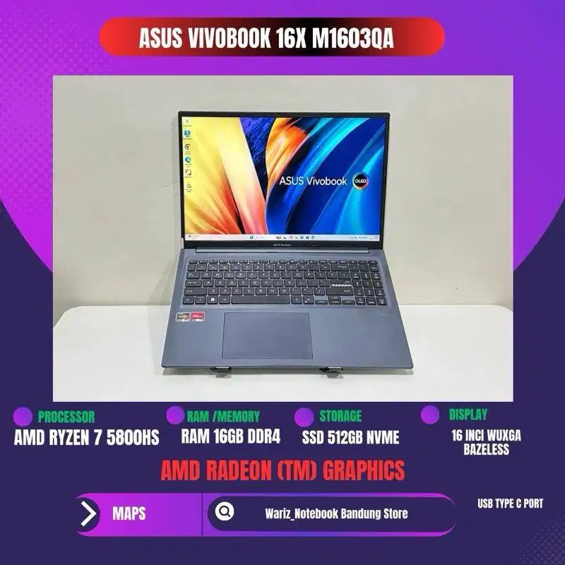 ASUS VIVOBOOK 16X M1603QA AMD RYZEN 7 5800HS RAM 16GB SSD 512GB 16inci