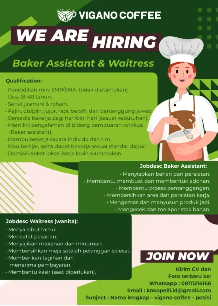 Lowongan Kerja Baker Assitant & Waitress