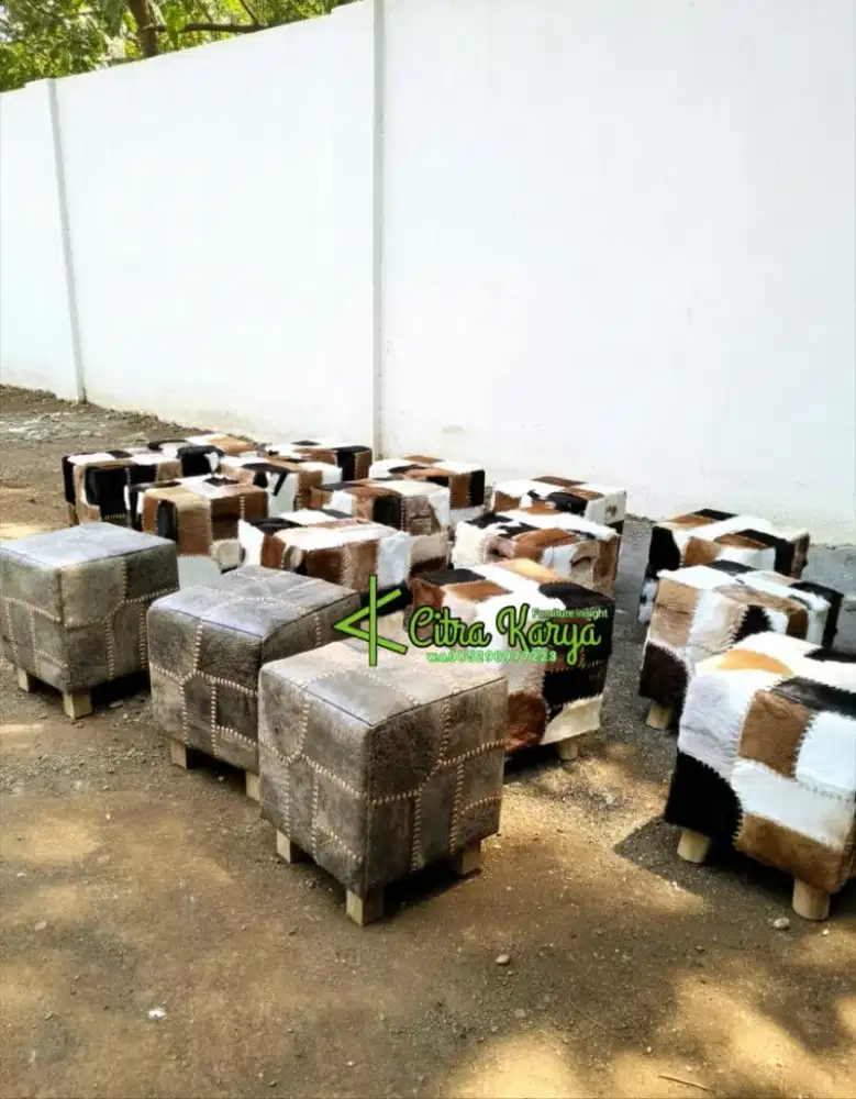 Stooll , ottomat kulit kambing asli ,kulit sapi asli leather cow - Thumbnail 2