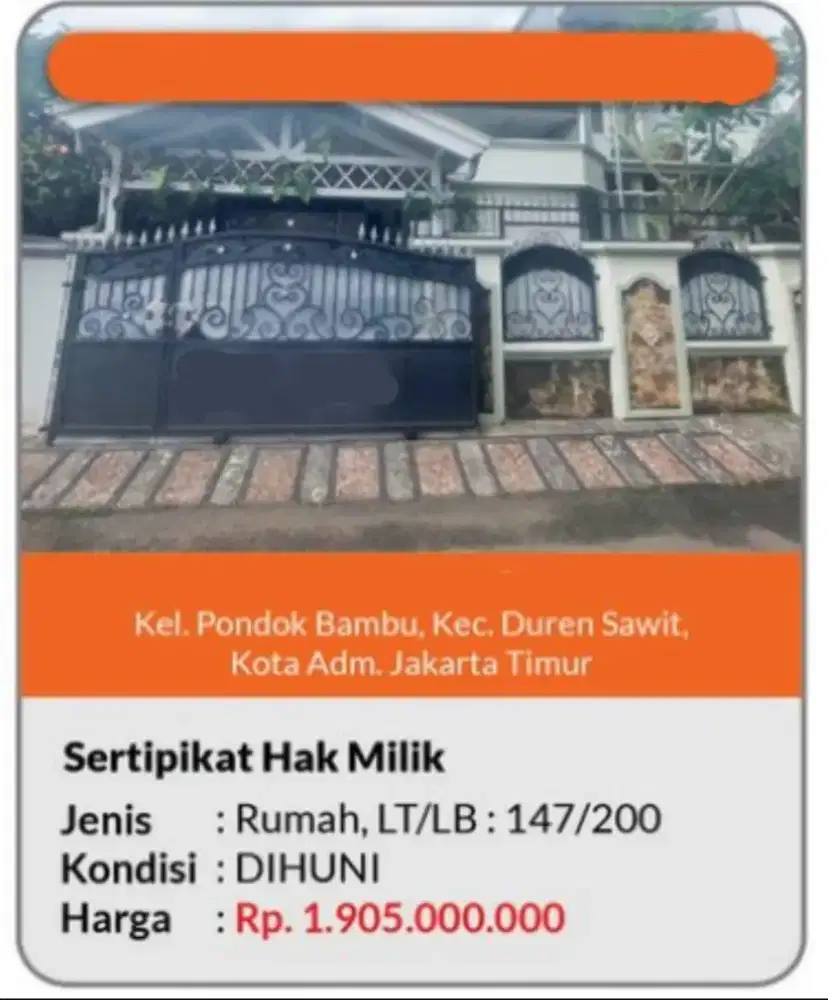 Dijual Rumah Pondok Bambu Duren Sawit