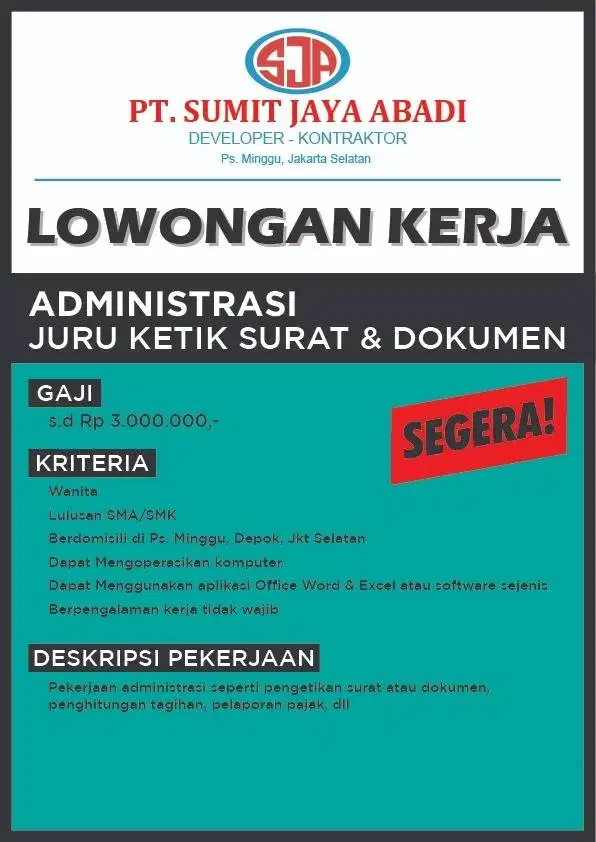 Dicari: Admin/Juru Ketik Surat dan Dokumen