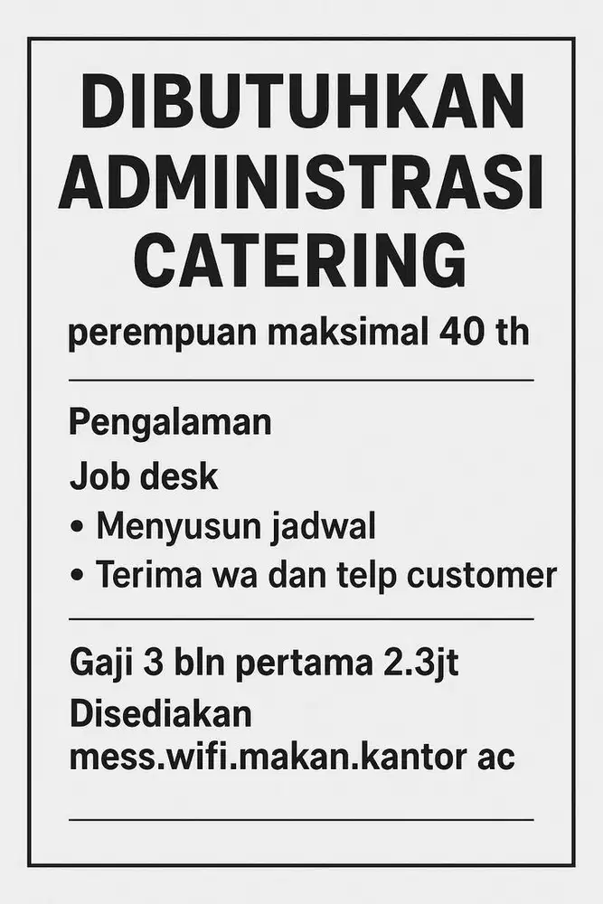 Di Butuhkan Admin Katering