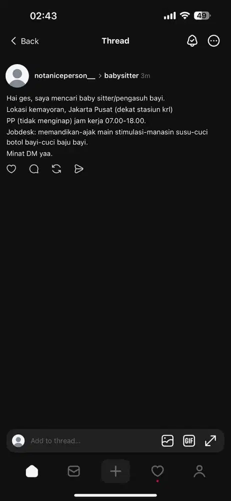 Dicari Baby Sitter Berpengalaman (Pulang Pergi) area Kemayoran