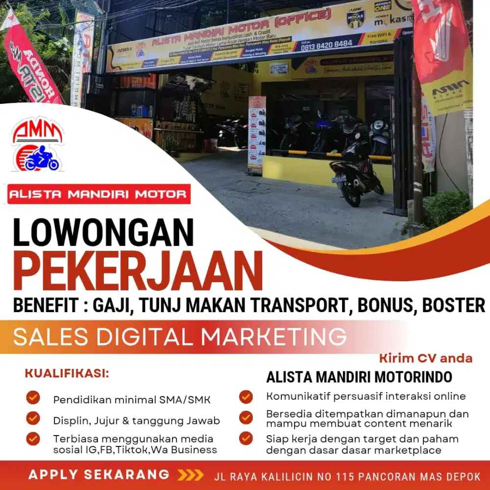 DIBUTUHKAN LOWONGAN KERJA SALES DIGITAL MARKETING DEALER MOTOR