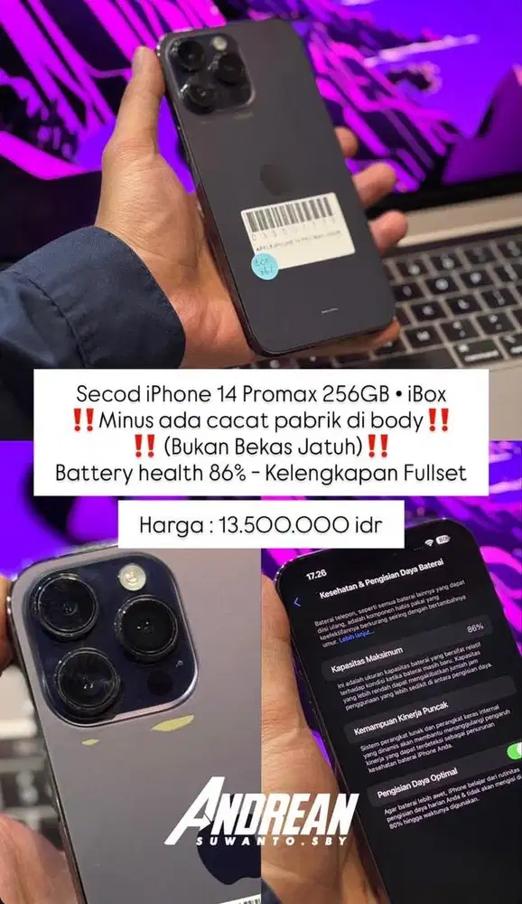 Second Iphone 14 Promax 256 gb Ibox unit dan charger