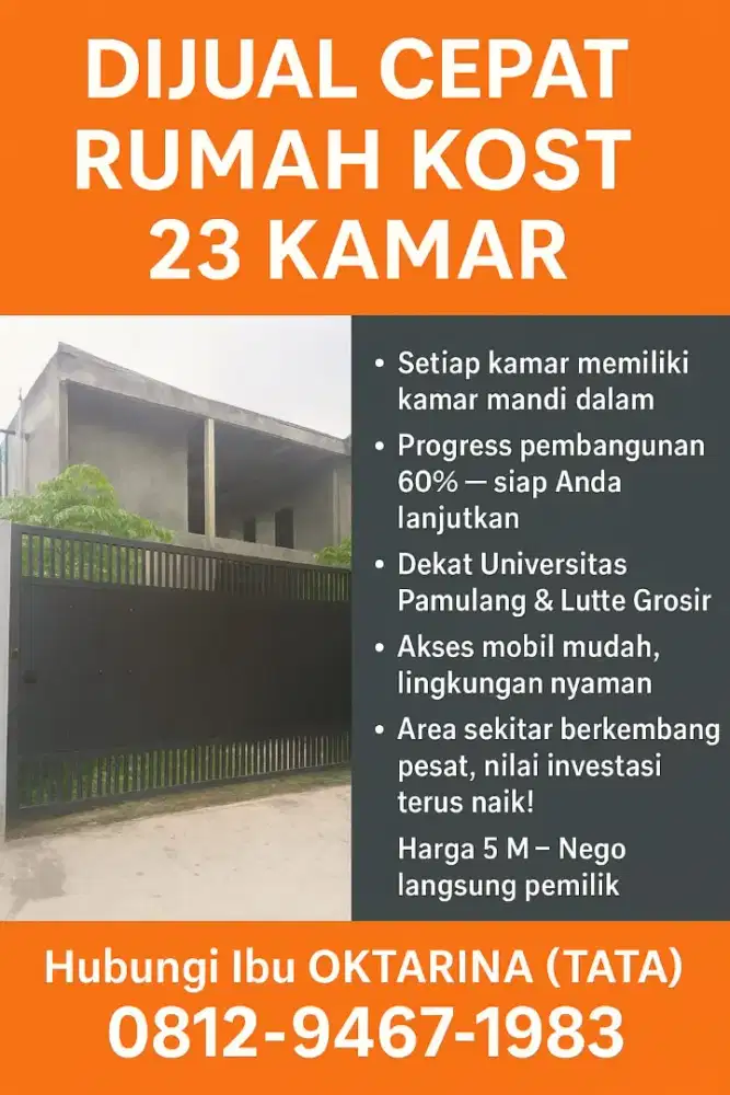 Rumah kos 23 kamar (kamar mandi dalam) kondisi 60%
