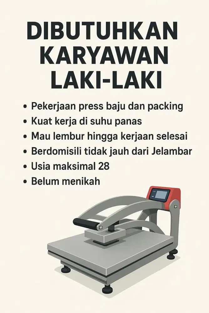 DICARI KARYAWAN LAKI LAKI UNTUK PRESS DAN LIPAT BAJU