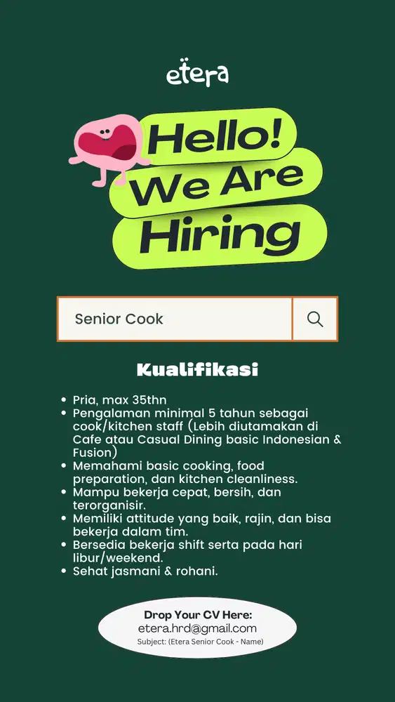 LOWONGAN HEAD CHEF DAN SENIOR COOK CAFE TEBET
