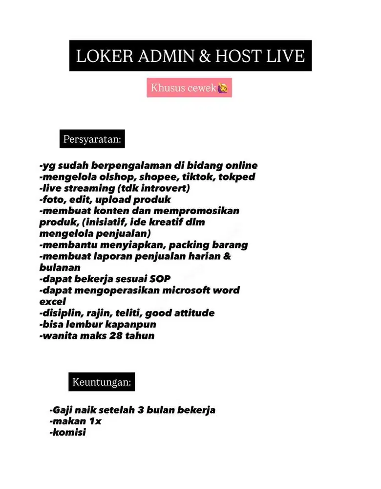 Loker admin rangkap host live