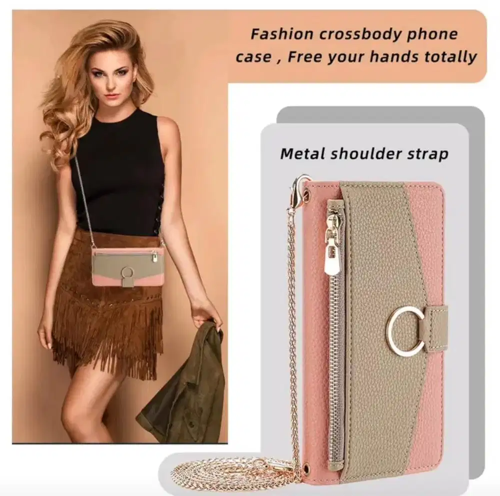 Fashion Zopper leather wallet with card slot & crossbody chain