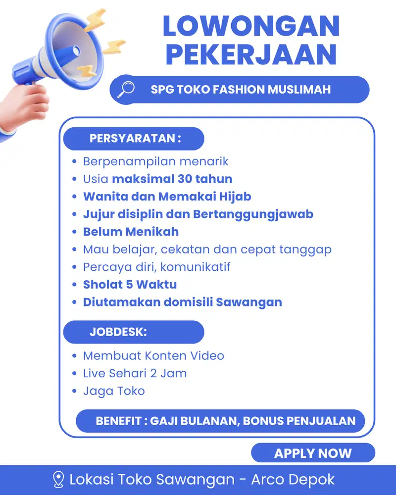 LOWONGAN SPG TOKO FASHION MUSLIMAH SAWANGAN DEPOK