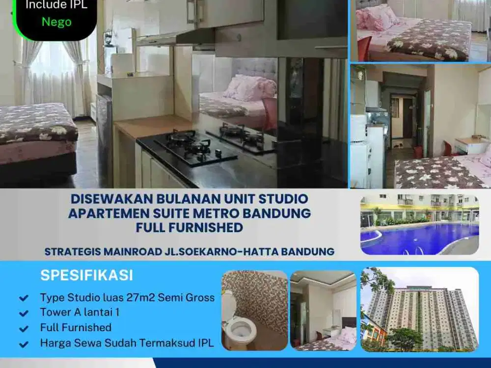 Disewakan Bulanan Unit Studio
Apartemen Suite Metro Bandung
Full Furnished

Strategis Mainroad jl.Soekarno-Hatta Bandung