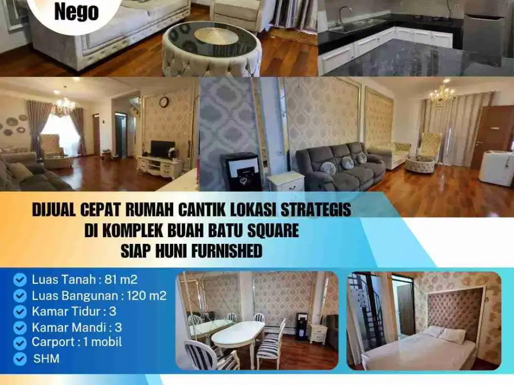 Dijual Cepat Rumah Cantik Lokasi Strategis
Di Komplek Buah Batu Square
Siap Huni Furnished