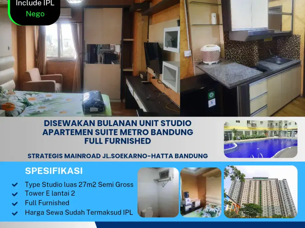 Disewakan Bulanan Unit Studio
Apartemen Suite Metro Bandung
Full Furnished

Strategis Mainroad Jl.Soekarno-Hatta Bandung.