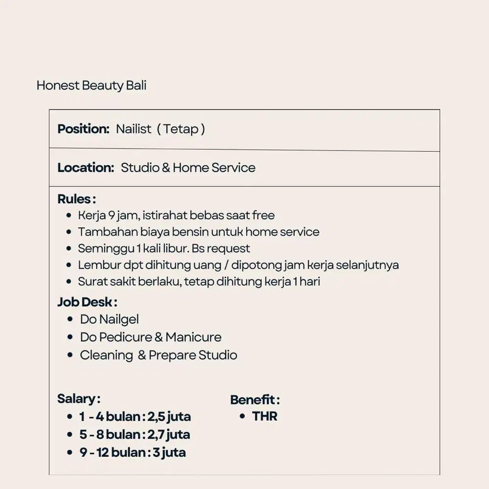 Dibutuhkan segera pegawai salon dibidang Nailgel