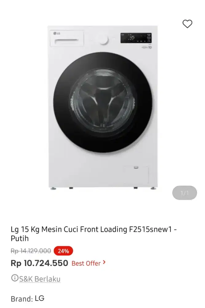 LG WASH MACH FRONT LOADING 15KG