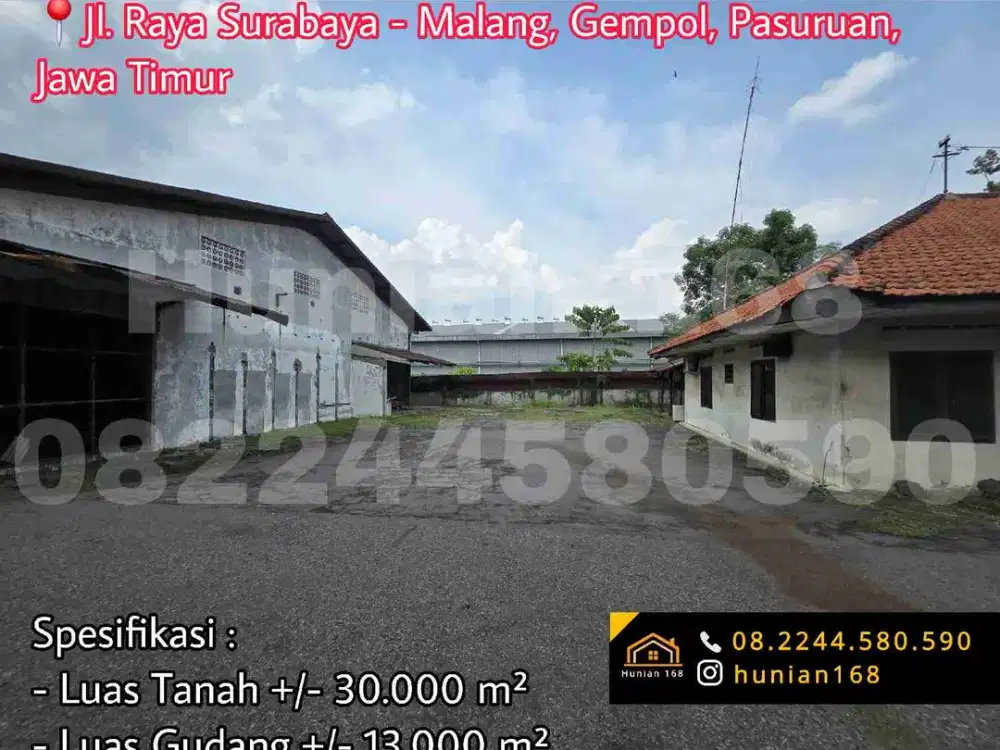 Jual Gudang Bekas Pabrik Tanah Industri Jalan Raya Propinsi Provinsi Kembar Surabaya Gempol Malang Arteri Kejapanan Japanan Ngoro Pasuruan Gunung Gangsir
