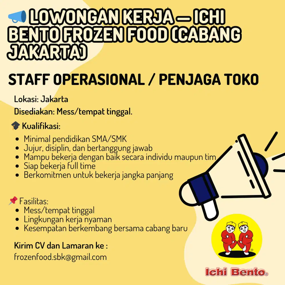 LOWONGAN KERJA — ICHI BENTO FROZEN FOOD (Cabang Jakarta)