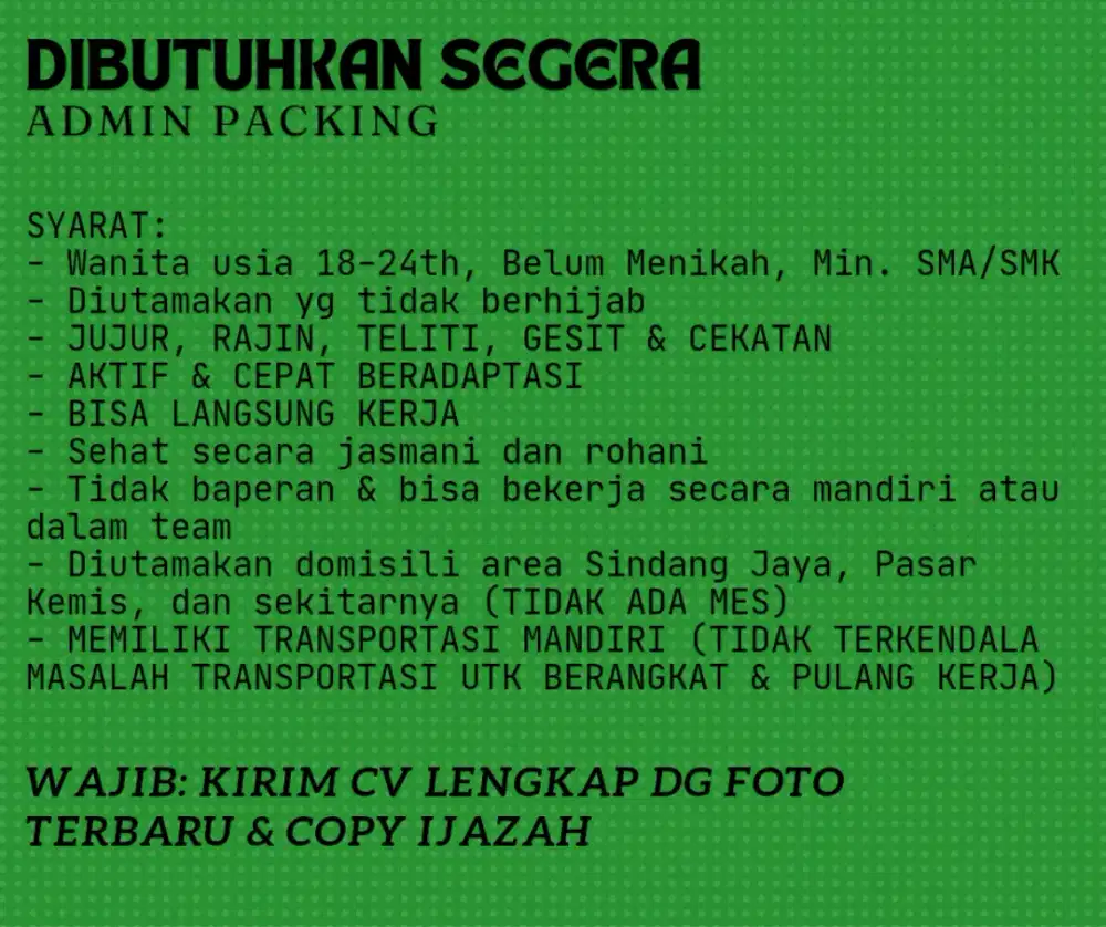 DIBUTUHKAN: ADMIN PACKING ONLINE SHOP