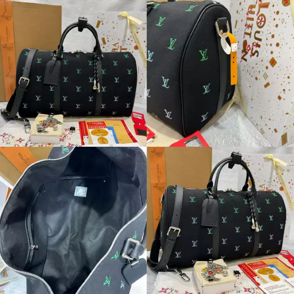 TAS LV KEEPAL BANDOULIERE BLASON DENIM DUFFLE BAG