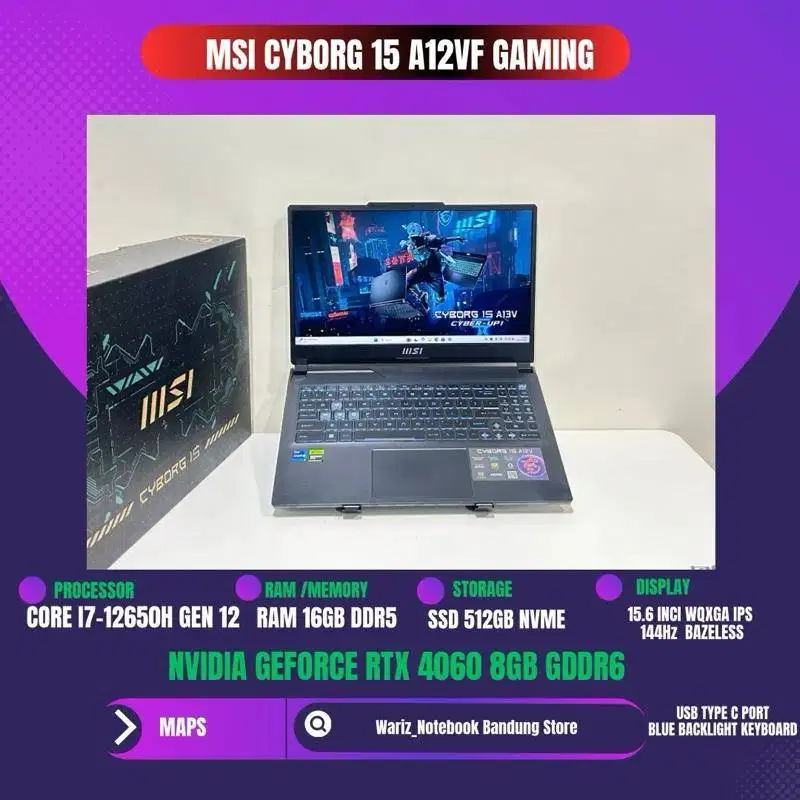 MSI CYBORG 15 A12VF CORE I7-12650H NVIDIA RTX 4060 8GB RAM 16GB DDR5 S