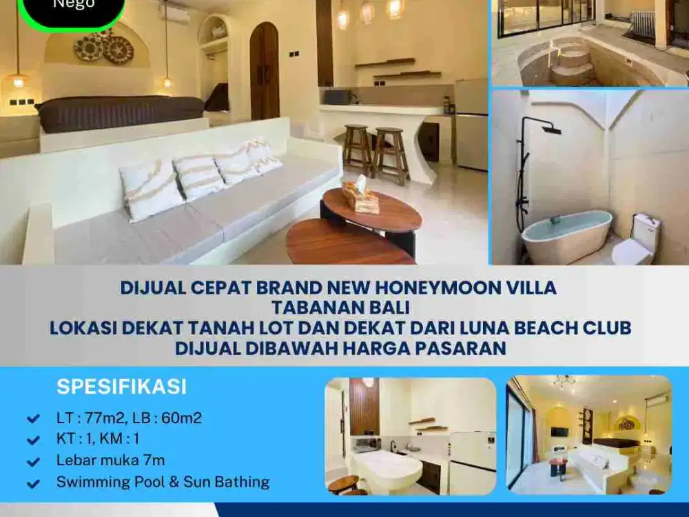 DIJUAL CEPAT BRAND NEW HONEYMOON VILLA 
TABANAN BALI
Lokasi dekat Tanah Lot dan Dekat dari Luna Beach Club
dijual dibawah harga pasaran