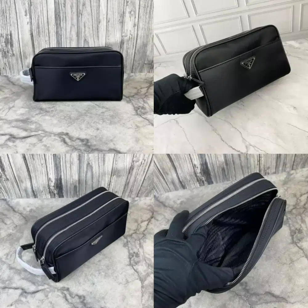 Pouch clutch bag jinjing pria prada double zipper black