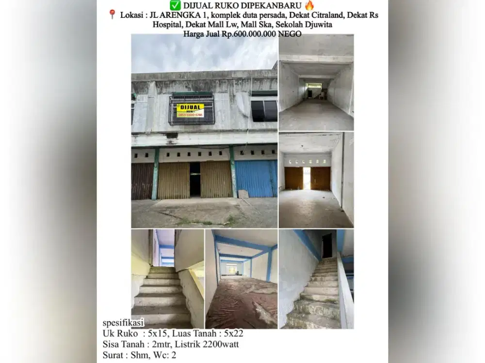 Dijual ruko lokasi:jl arengka 1
