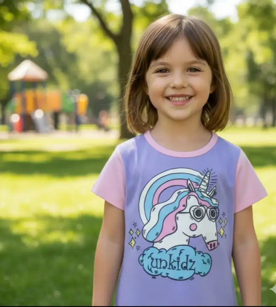 kaos katun anak perempuan unicorn ungu pink