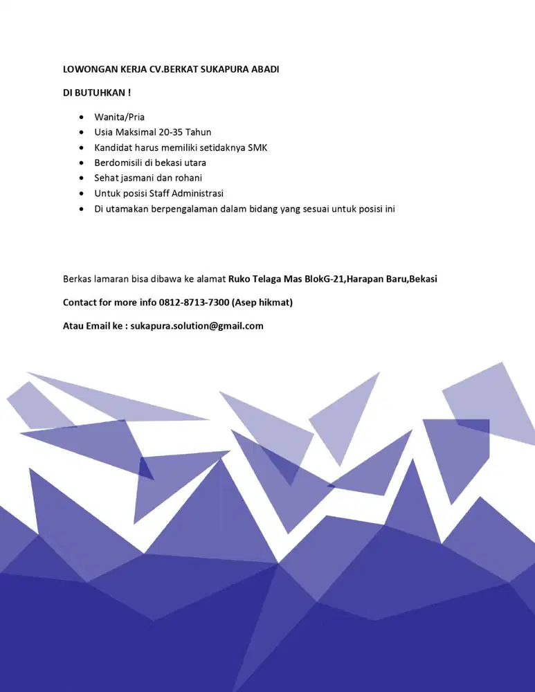 LOWONGAN PEKERJAAN BAGIAN ADMIN