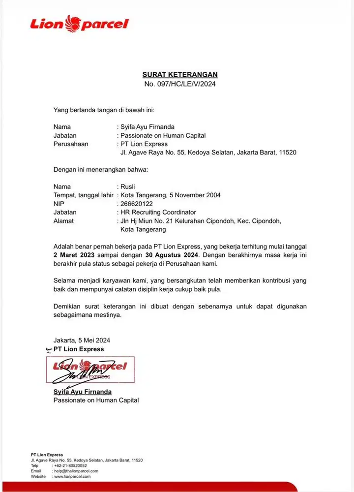 Cari pekerjaan HRD pengalaman 1 Tahun PT lion express