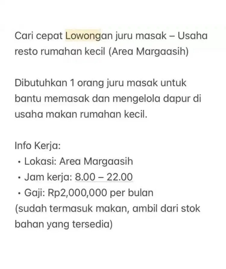 Lowongan juru masak - Usaha makanan kecil (Area Margaasih)