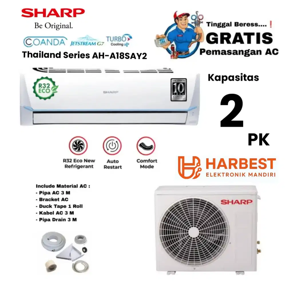 FREE PASANG! SHARP AC 2 PK Thailand AH-A18SAY2 JetstreamG7 Coanda Flow