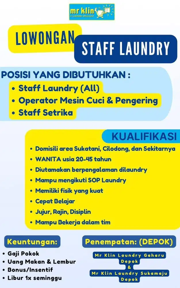 Dibutuhkan Segera Staff Laundry - Gaji+ Uang Makan+Bonus (DEPOK)