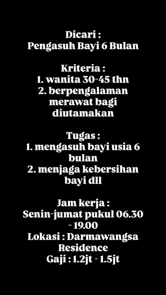 Dicari Pengasuh Bayi 6 Bulan