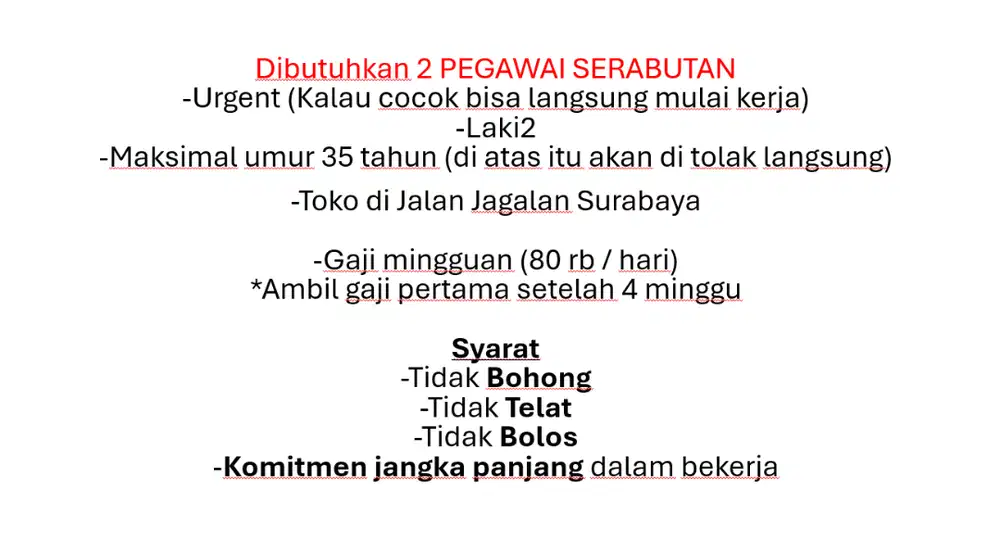 Dibutuhkan 2 pegawai serabutan untuk toko listrik di Jagalan (URGENT)