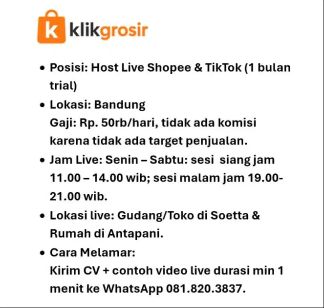 Dicari segera: Host Live Shopee & TikTok (1 bulan trial)