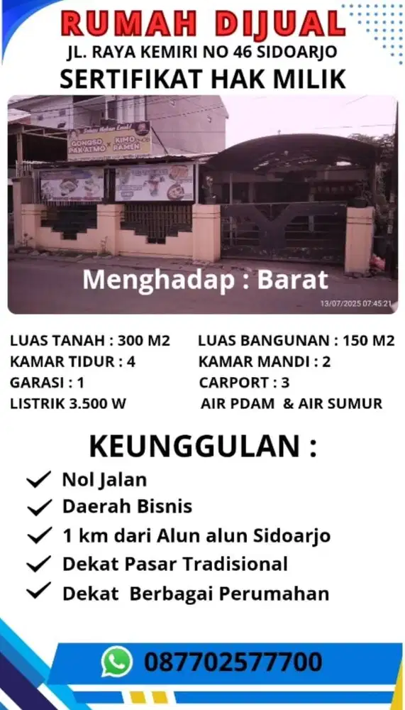 Rumah Nol Jalan Raya Kemiri No.46 Sidoarjo – SHM, Lokasi Strategis